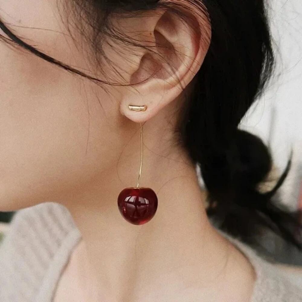NEW Long Cherry Drop Earrings – Cute Red Fruit Dangle Statement Jewelry